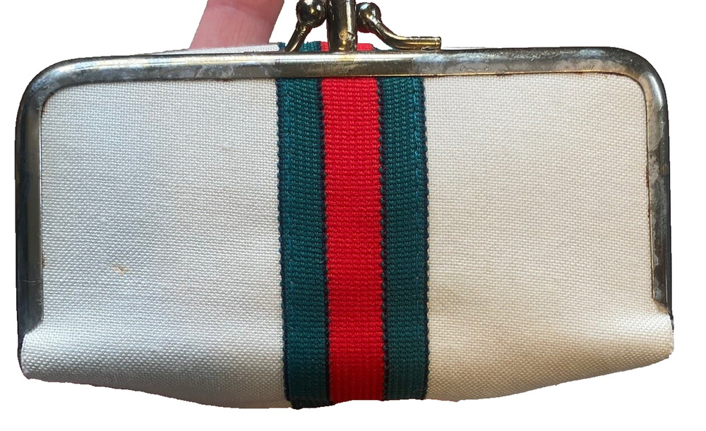 Vintage 60's Gucci Stripe Travel Sewing Kit Coin Purse Compact Mirror Clutch